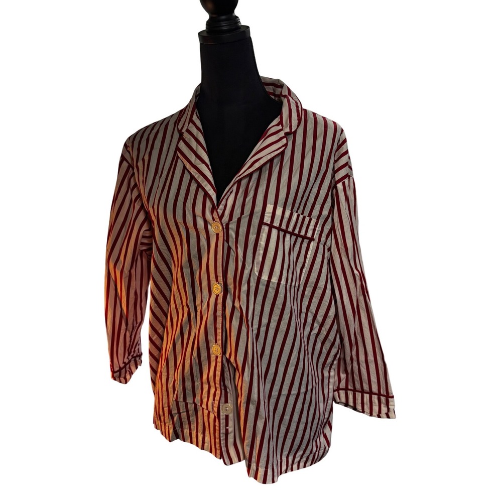 SLEEPY JONES Womens Pajama Top Red White Stripe Button Front 100 Cotton Size M